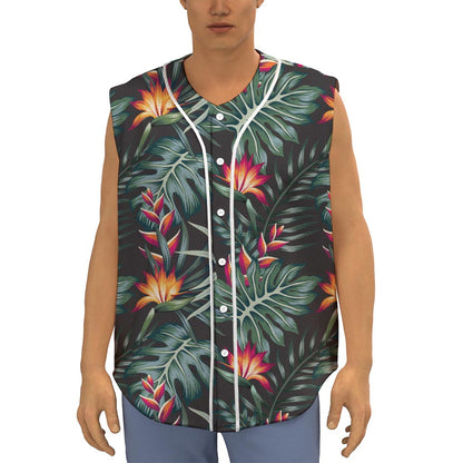 Hawaiian Tropical Plants Pattern Print Sleeveless Baseball Jersey