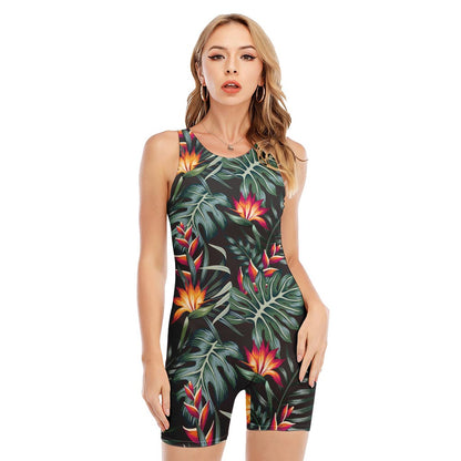 Hawaiian Tropical Plants Pattern Print Sleeveless One Piece Swimsuit