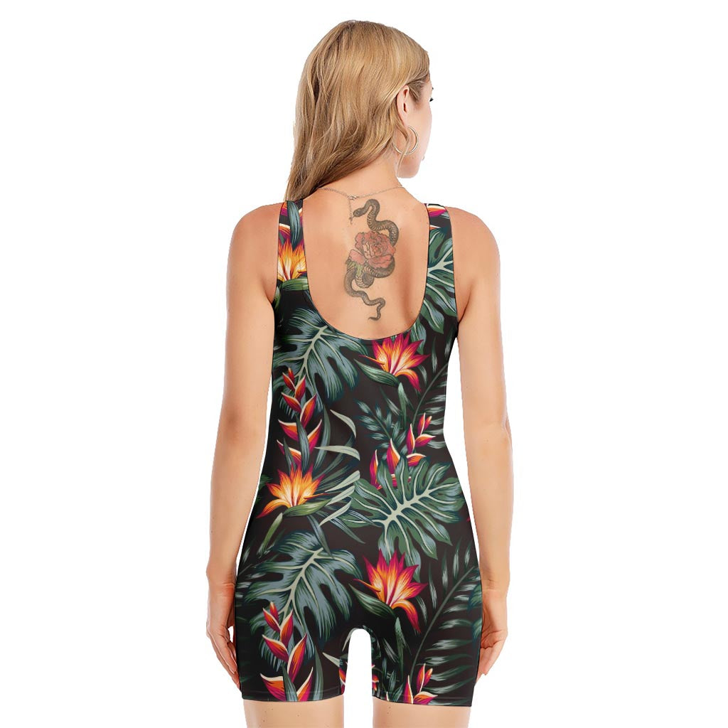Hawaiian Tropical Plants Pattern Print Sleeveless One Piece Swimsuit