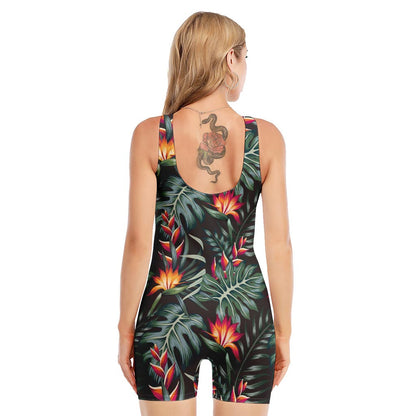 Hawaiian Tropical Plants Pattern Print Sleeveless One Piece Swimsuit