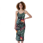 Hawaiian Tropical Plants Pattern Print Slim Fit Midi Cami Dress
