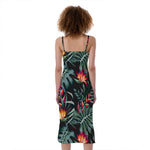 Hawaiian Tropical Plants Pattern Print Slim Fit Midi Cami Dress