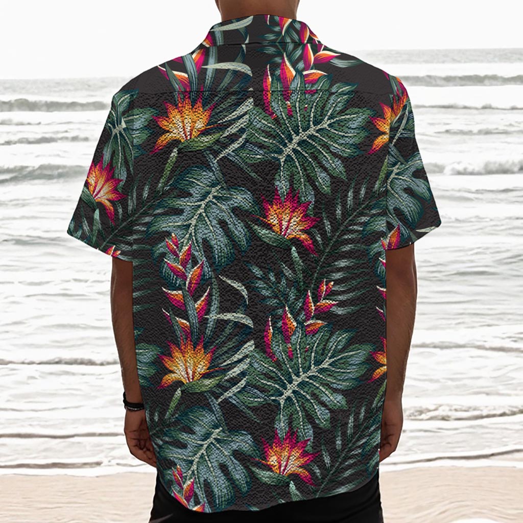 Hawaiian Tropical Plants Pattern Print Textured Short Sleeve Shirt