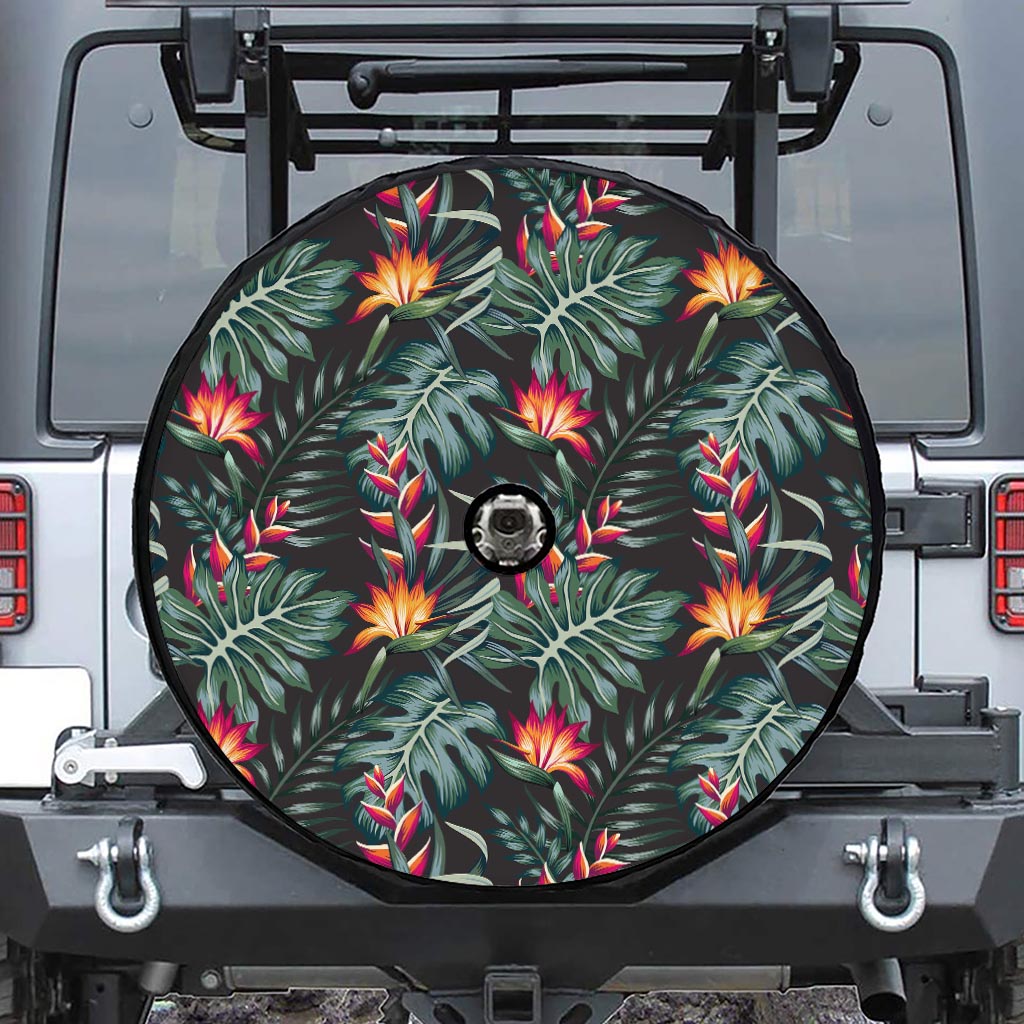 Hawaiian Tropical Plants Pattern Print Tire Cover With Camera Hole
