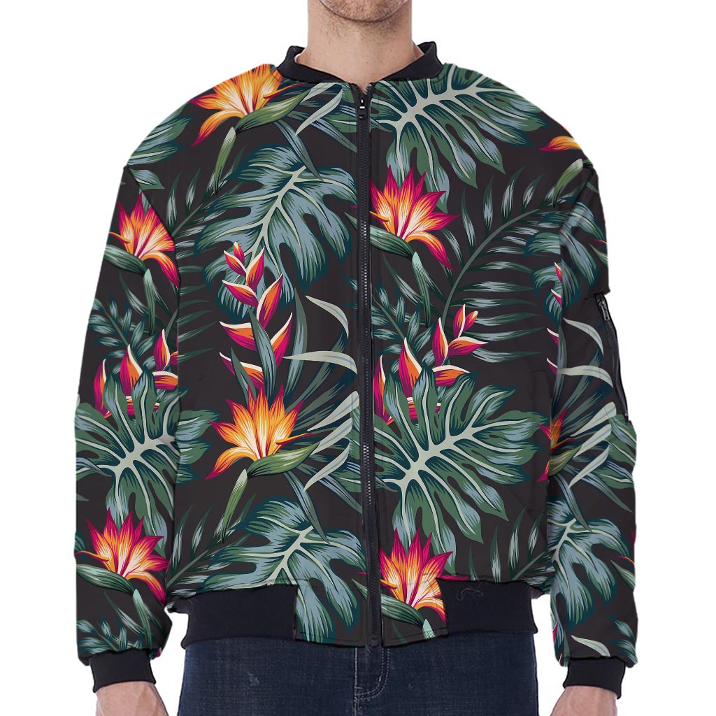 Hawaiian Tropical Plants Pattern Print Zip Sleeve Bomber Jacket