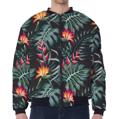 Hawaiian Tropical Plants Pattern Print Zip Sleeve Bomber Jacket