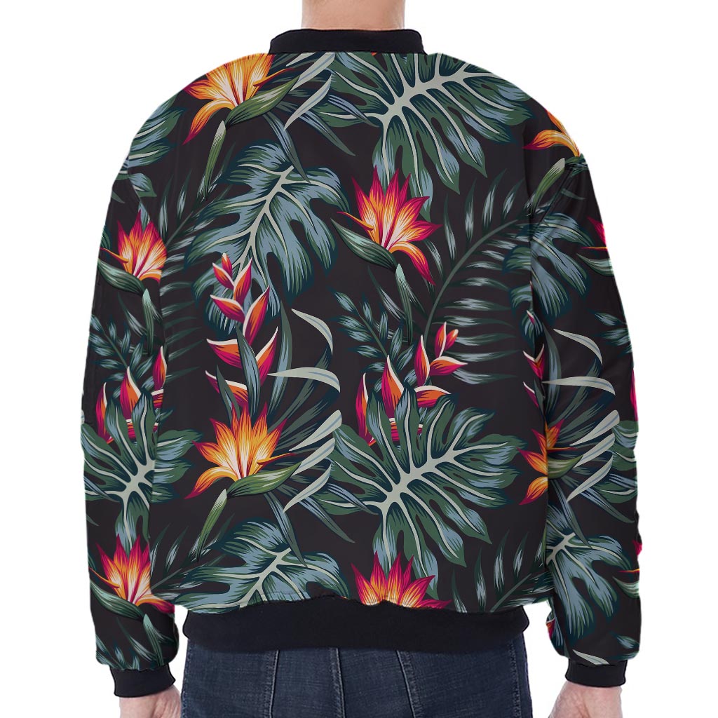 Hawaiian Tropical Plants Pattern Print Zip Sleeve Bomber Jacket