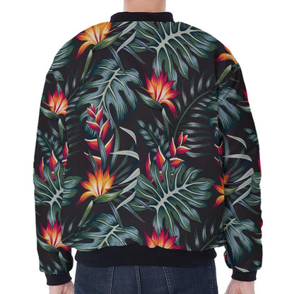 Hawaiian Tropical Plants Pattern Print Zip Sleeve Bomber Jacket