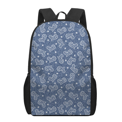 Heart And Star Denim Jeans Pattern Print 17 Inch Backpack