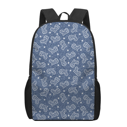 Heart And Star Denim Jeans Pattern Print 17 Inch Backpack