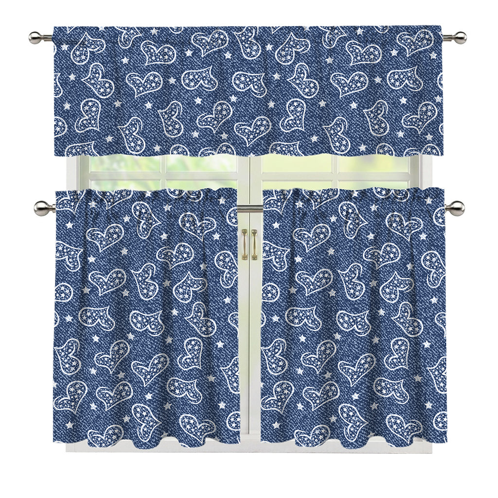 Heart And Star Denim Jeans Pattern Print 3 Piece Kitchen Curtains