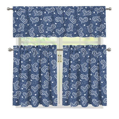 Heart And Star Denim Jeans Pattern Print 3 Piece Kitchen Curtains