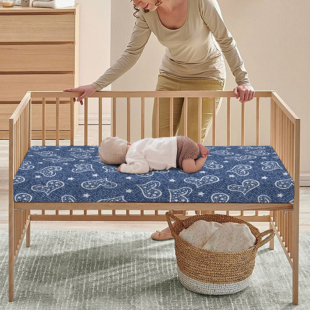 Heart And Star Denim Jeans Pattern Print Baby Crib Sheet