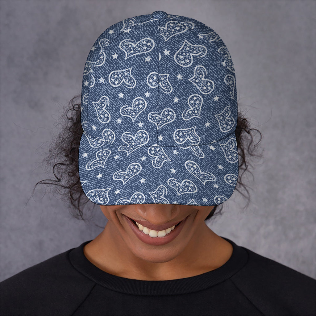 Heart And Star Denim Jeans Pattern Print Baseball Cap