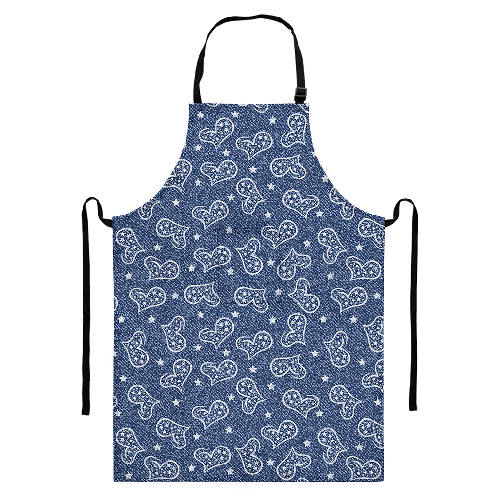 Heart And Star Denim Jeans Pattern Print Bib Apron With Pocket