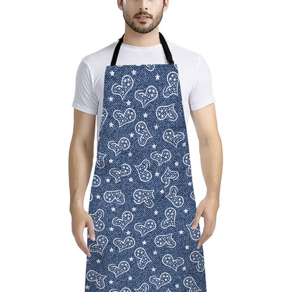 Heart And Star Denim Jeans Pattern Print Bib Apron With Pocket