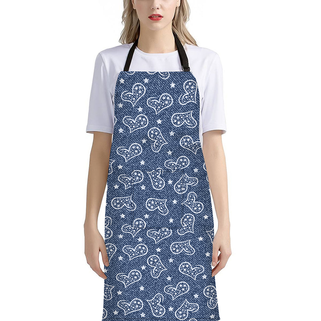 Heart And Star Denim Jeans Pattern Print Bib Apron With Pocket