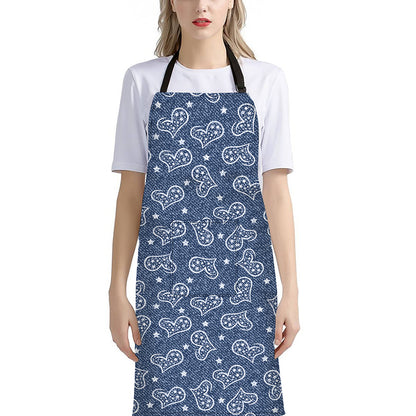 Heart And Star Denim Jeans Pattern Print Bib Apron With Pocket