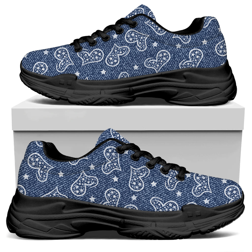 Heart And Star Denim Jeans Pattern Print Black Chunky Shoes