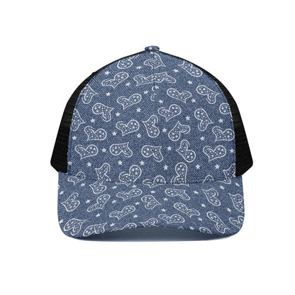 Heart And Star Denim Jeans Pattern Print Black Mesh Trucker Cap