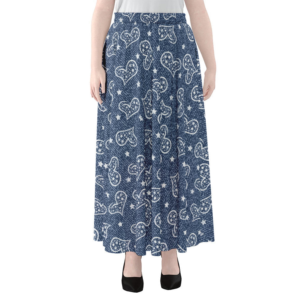 Heart And Star Denim Jeans Pattern Print Chiffon Maxi Skirt