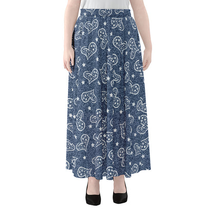 Heart And Star Denim Jeans Pattern Print Chiffon Maxi Skirt