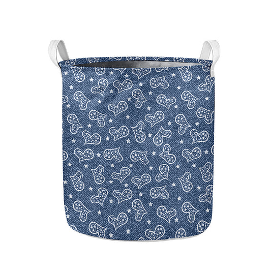 Heart And Star Denim Jeans Pattern Print Collapsible Laundry Basket
