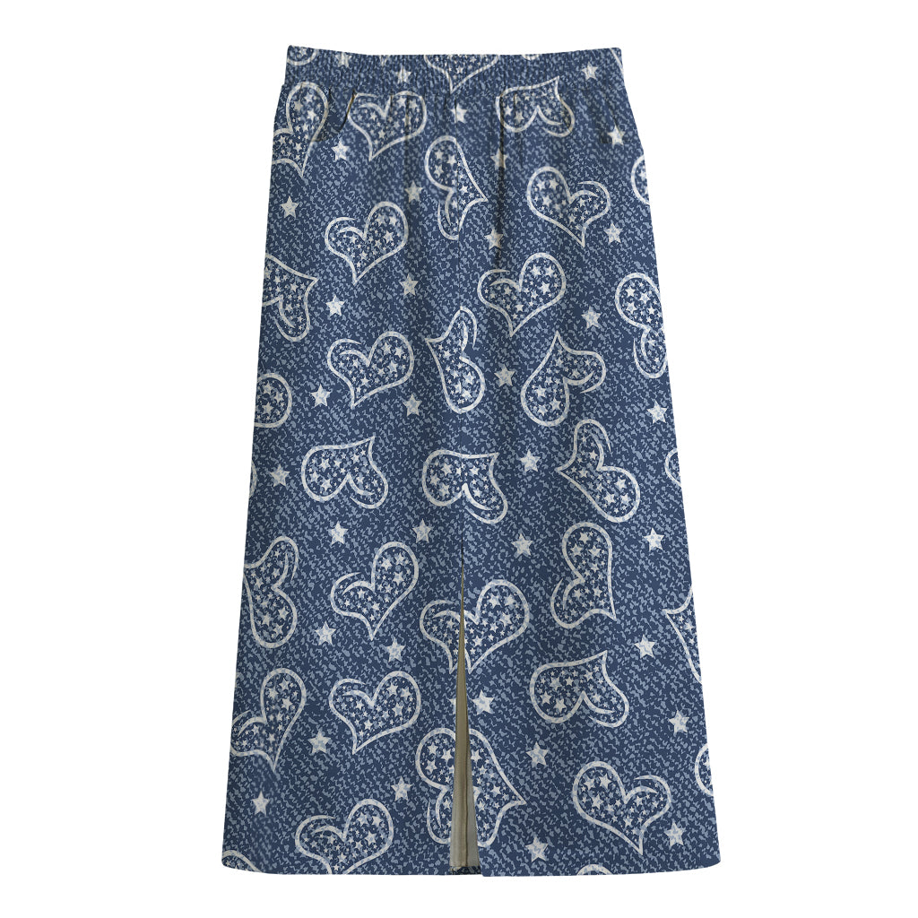 Heart And Star Denim Jeans Pattern Print Cotton Front Slit Maxi Skirt