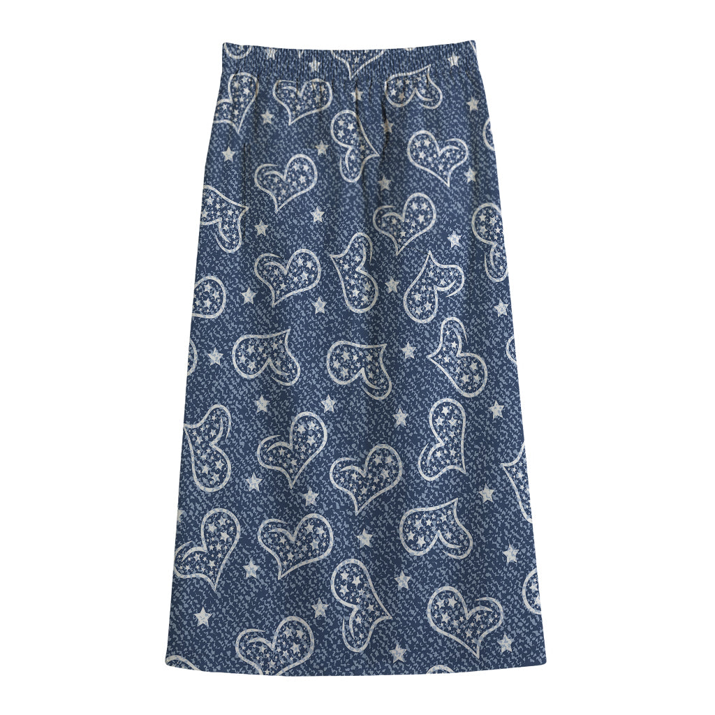 Heart And Star Denim Jeans Pattern Print Cotton Front Slit Maxi Skirt