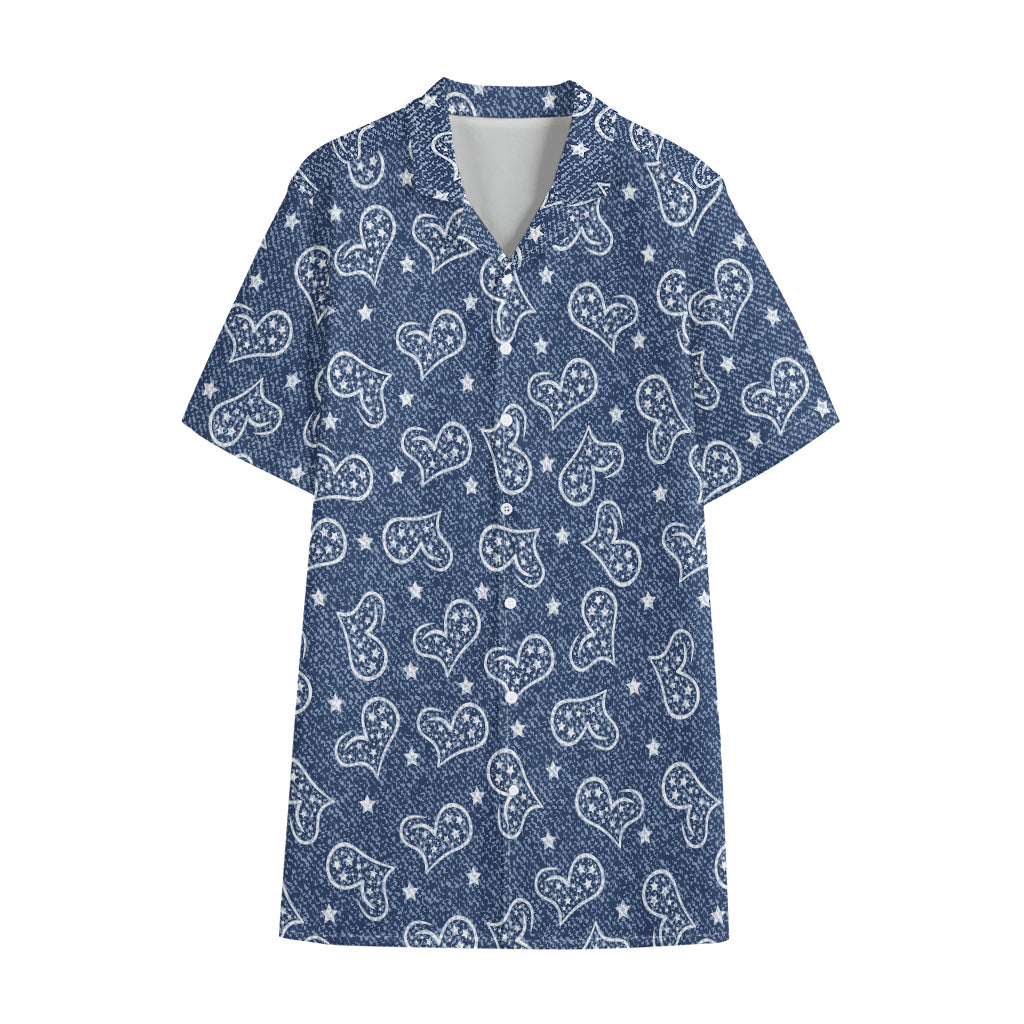 Heart And Star Denim Jeans Pattern Print Cotton Hawaiian Shirt