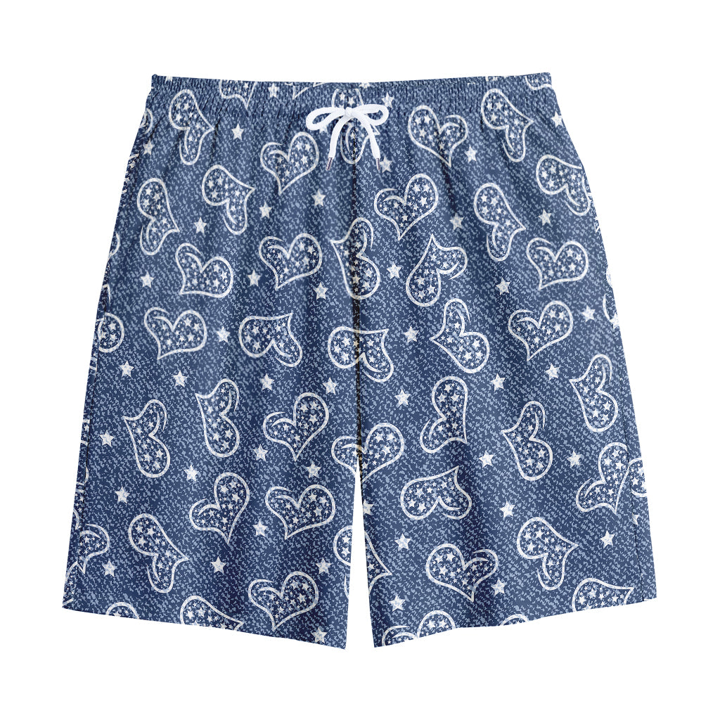 Heart And Star Denim Jeans Pattern Print Cotton Shorts