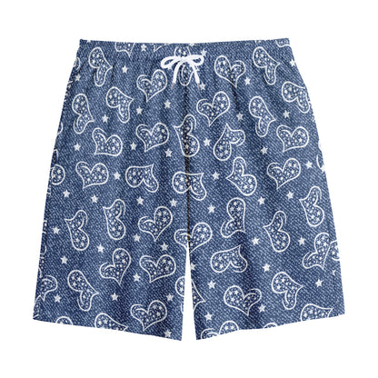 Heart And Star Denim Jeans Pattern Print Cotton Shorts