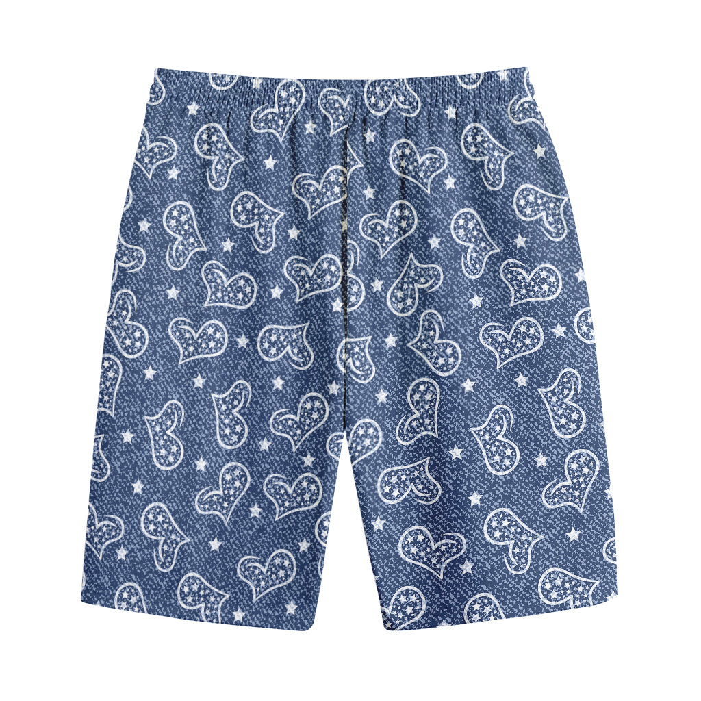 Heart And Star Denim Jeans Pattern Print Cotton Shorts