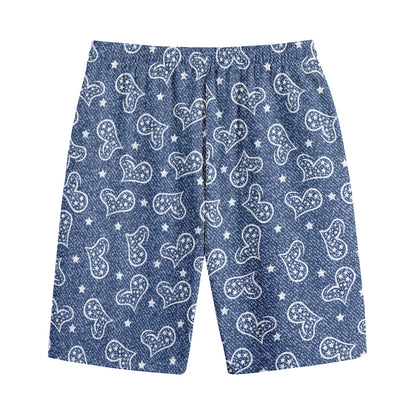 Heart And Star Denim Jeans Pattern Print Cotton Shorts