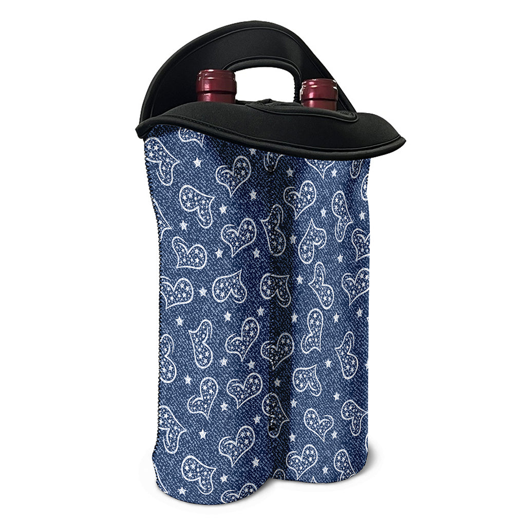 Heart And Star Denim Jeans Pattern Print Double Neoprene Wine Tote