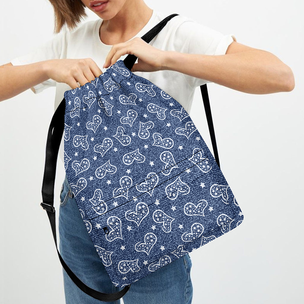 Heart And Star Denim Jeans Pattern Print Drawstring Backpack