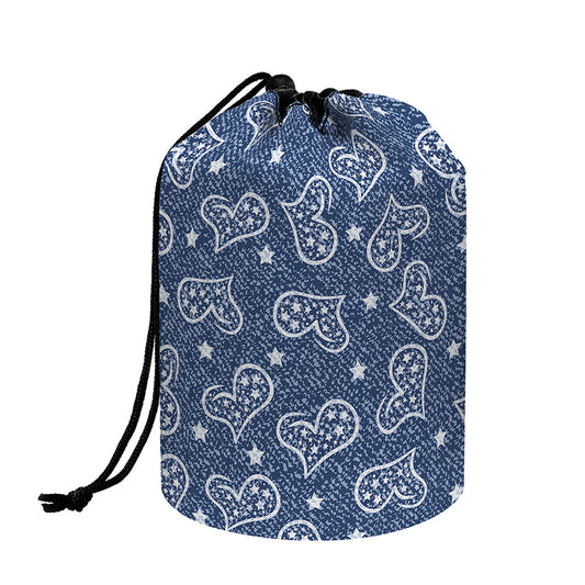 Heart And Star Denim Jeans Pattern Print Drawstring Makeup Bag