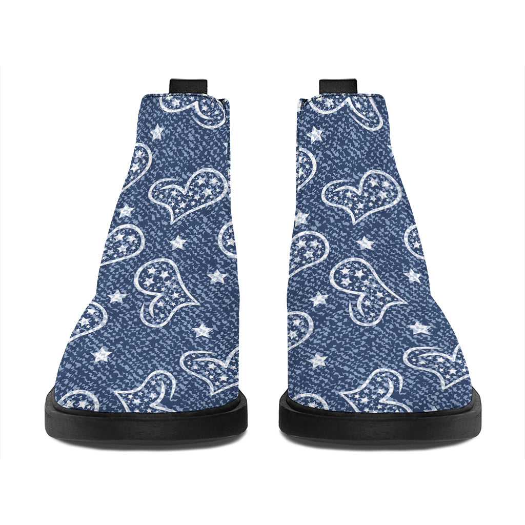Heart And Star Denim Jeans Pattern Print Flat Ankle Boots