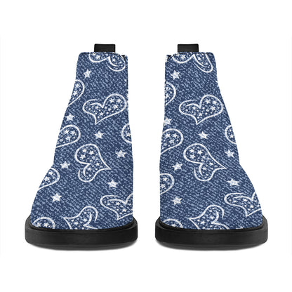 Heart And Star Denim Jeans Pattern Print Flat Ankle Boots