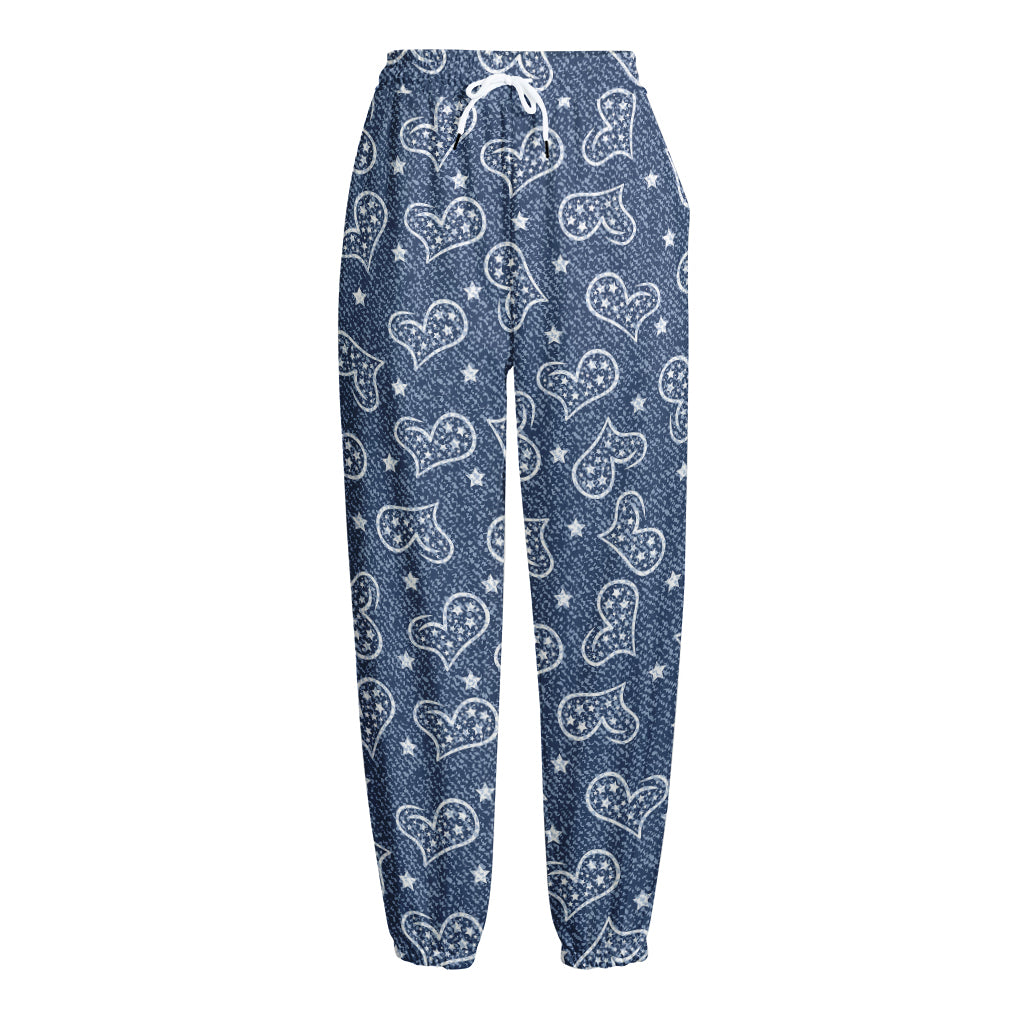 Heart And Star Denim Jeans Pattern Print Fleece Lined Knit Pants