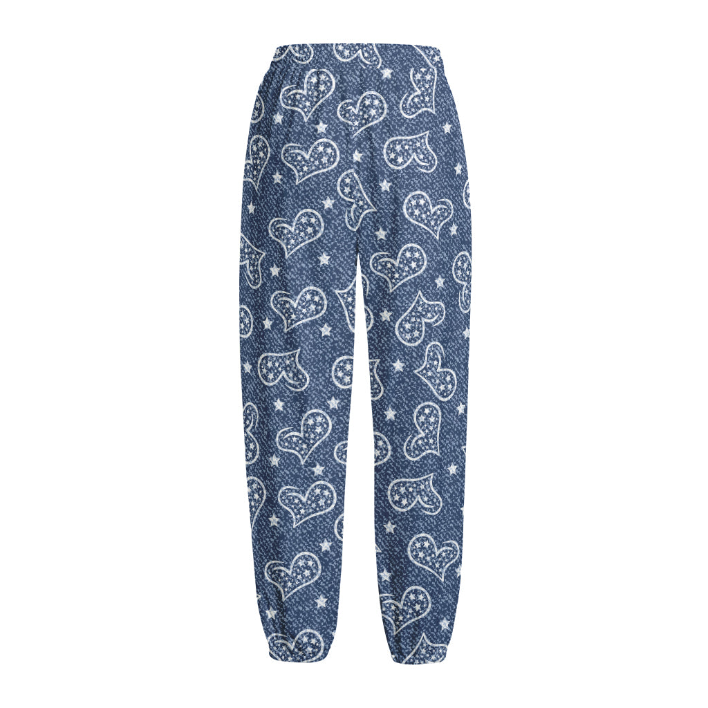 Heart And Star Denim Jeans Pattern Print Fleece Lined Knit Pants