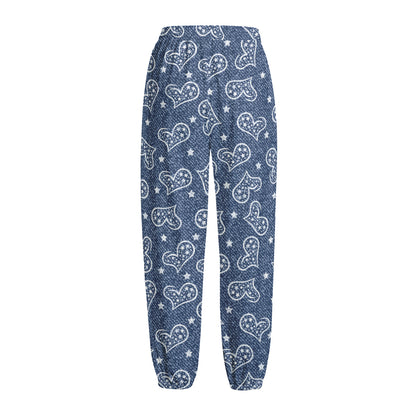 Heart And Star Denim Jeans Pattern Print Fleece Lined Knit Pants