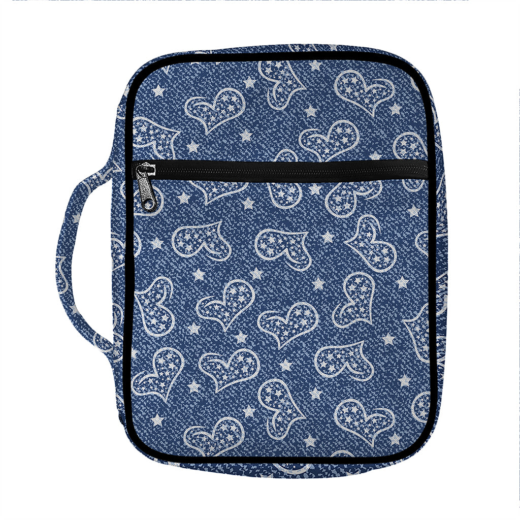 Heart And Star Denim Jeans Pattern Print Front Pocket Bible Bag