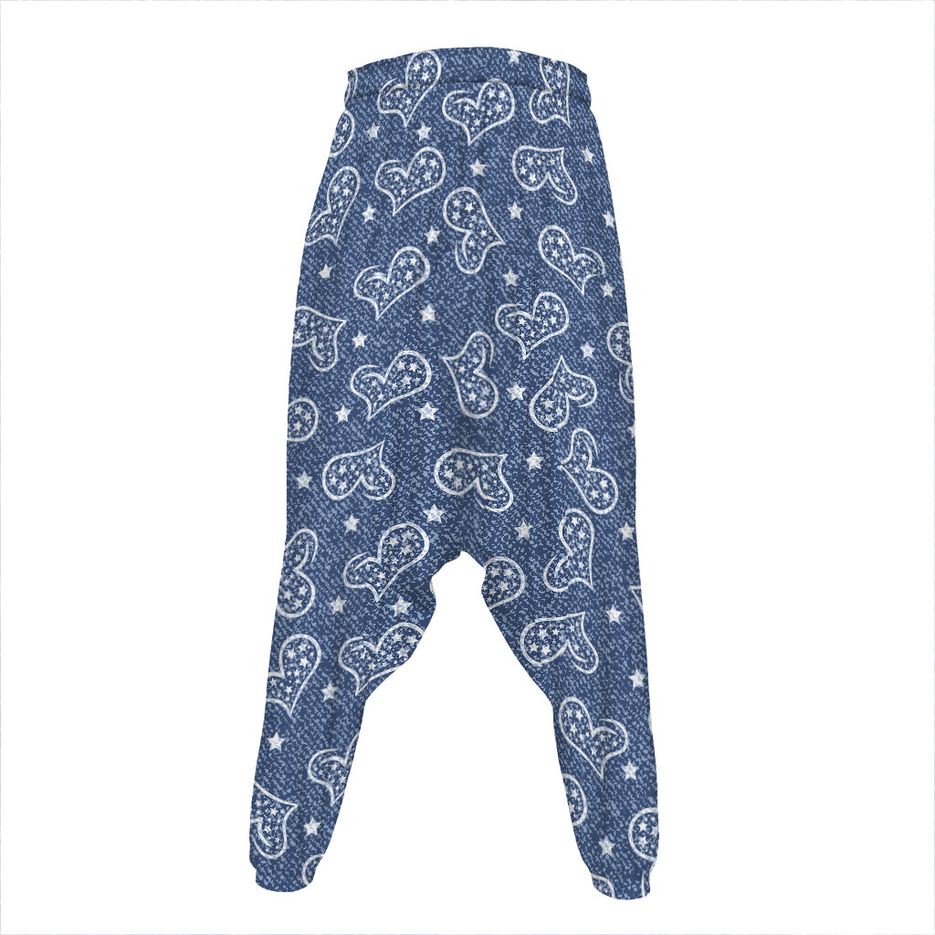 Heart And Star Denim Jeans Pattern Print Hammer Pants