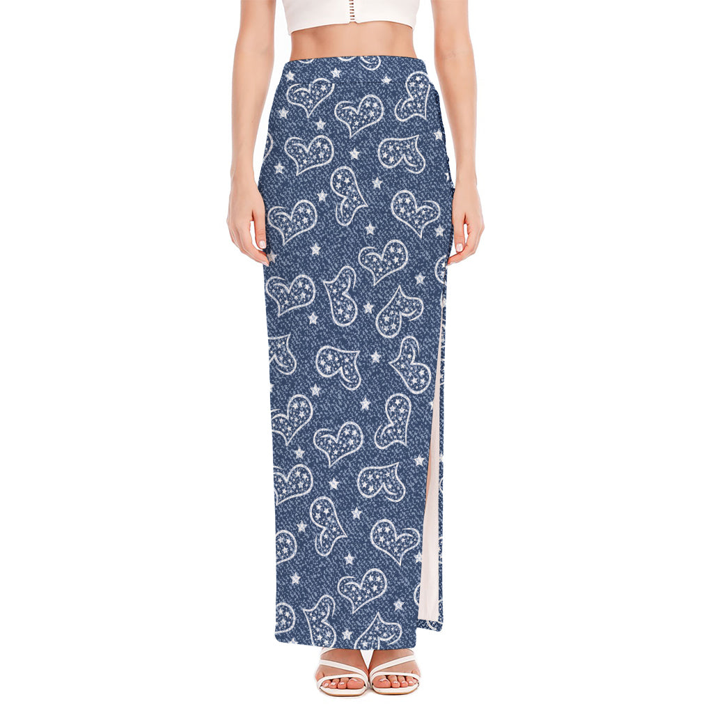 Heart And Star Denim Jeans Pattern Print High Slit Maxi Skirt