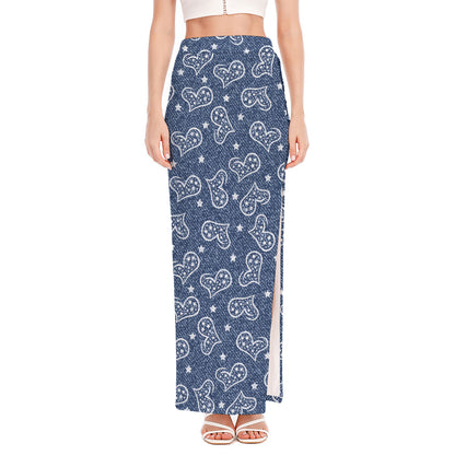 Heart And Star Denim Jeans Pattern Print High Slit Maxi Skirt
