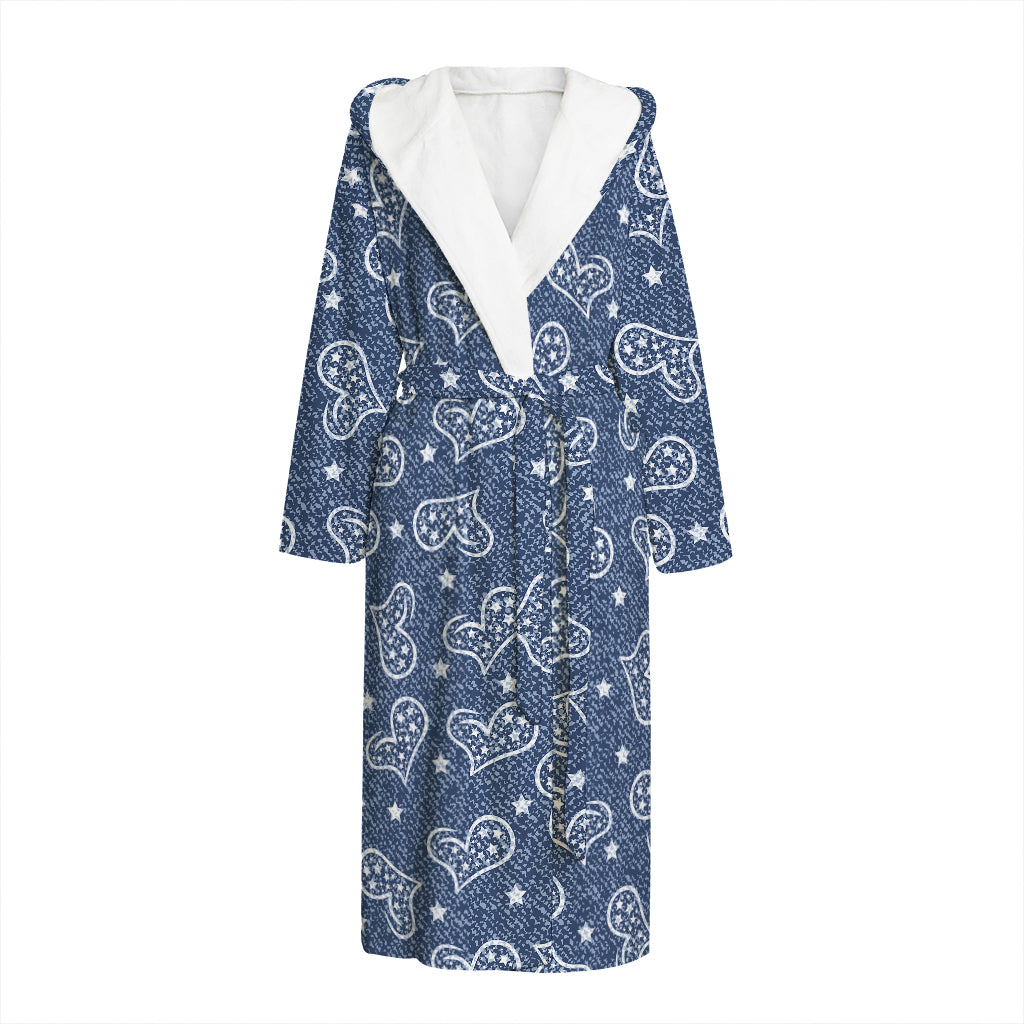 Heart And Star Denim Jeans Pattern Print Hooded Bathrobe