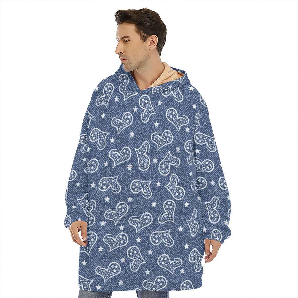 Heart And Star Denim Jeans Pattern Print Hoodie Blanket