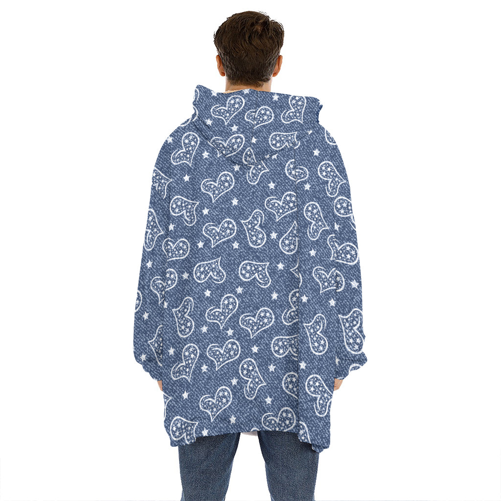 Heart And Star Denim Jeans Pattern Print Hoodie Blanket