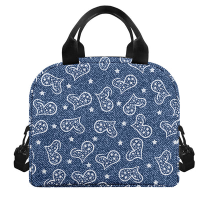 Heart And Star Denim Jeans Pattern Print Insulated Lunch Bag